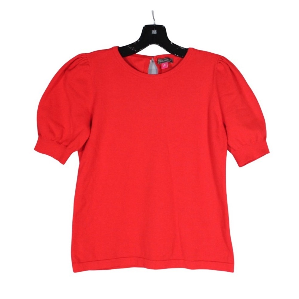 VINCE CAMUTO Red RIBBED TRIM Puff Sleeves PEARL BUTTON Soft KNIT SWEATER Sz XS